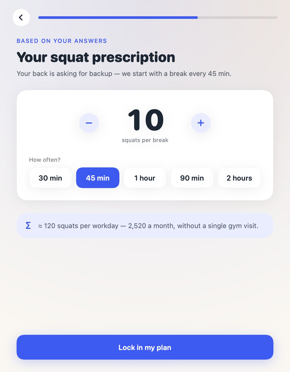 The plan screen from setup: Your squat prescription, 10 squats per break with minus and plus buttons, how often with 30 min, 45 min, 1 hour, 90 min and 2 hours, about 120 squats per workday, and a Lock in my plan button.