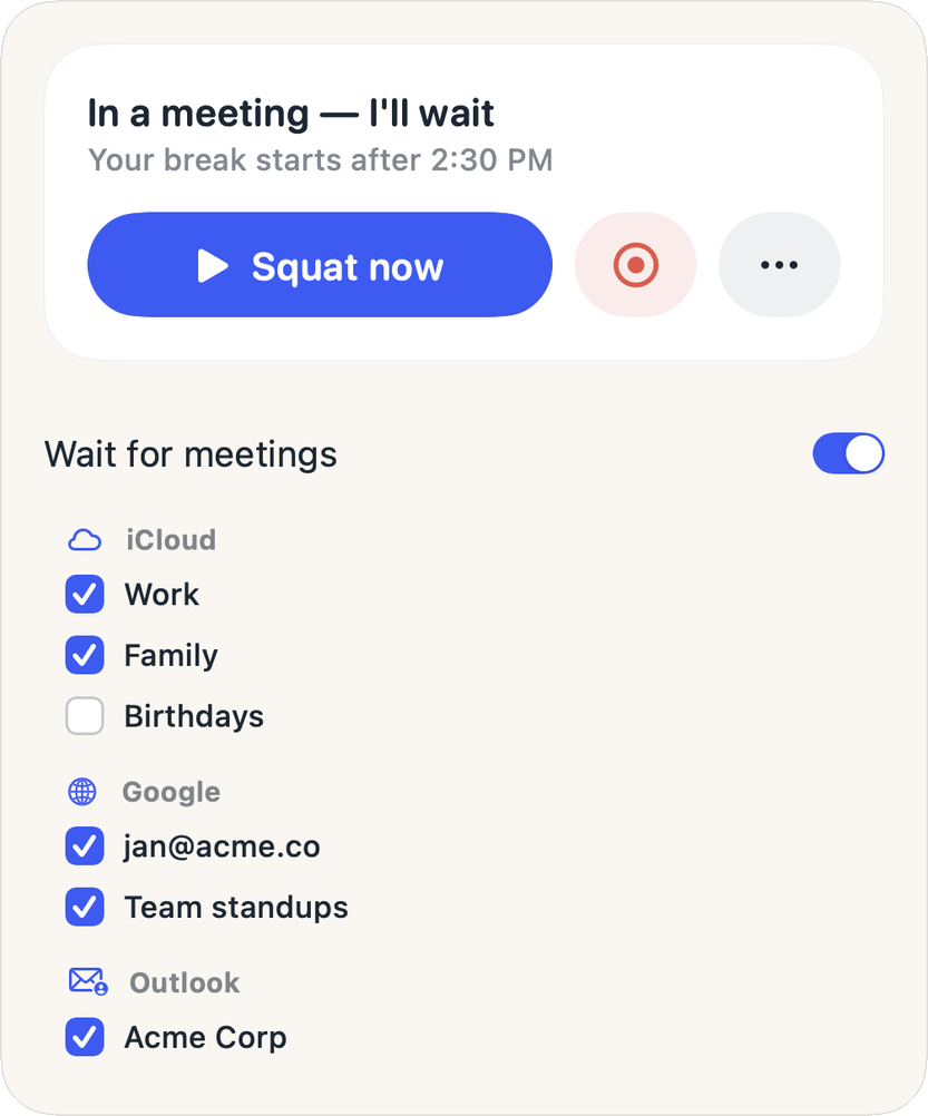 The menu bar panel reading In a meeting, I'll wait, your break starts after 2:30 PM, with Wait for meetings switched on and iCloud, Google and Outlook calendars ticked.
