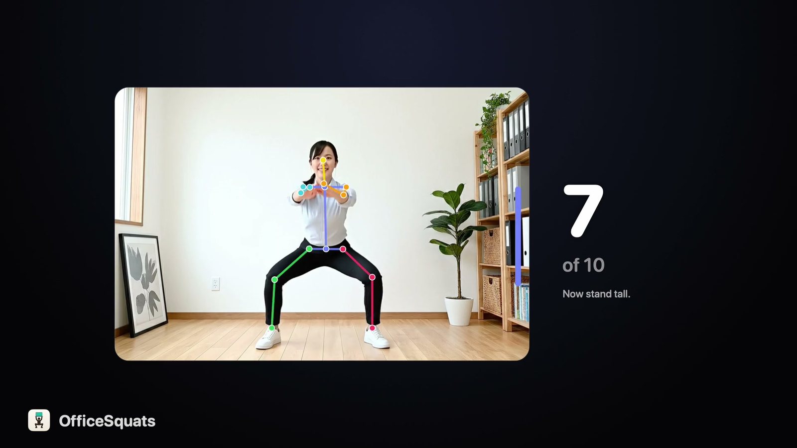 A frame from the app's own break recording: the camera feed with the live pose skeleton over a person at the bottom of a squat, the depth bar, and the counter reading 7 of 10, Now stand tall.